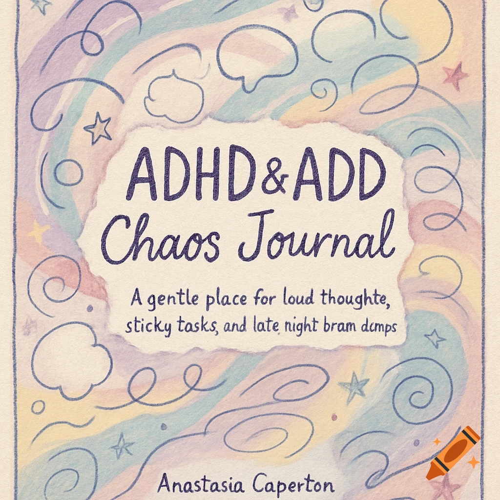A pastel-colored book cover for 'ADHD&ADD Chaos Journal' with a swirling background and whimsical doodles.
