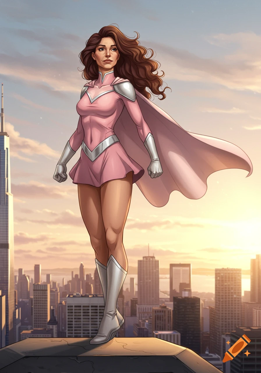 A female superhero in a pink uniform and cape stands atop a skyscraper at sunset, looking out over a city.