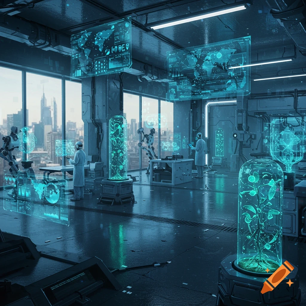 A high-tech futuristic laboratory with scientists, robots, holographic displays, and glowing plants in tubes, set against a city skyline.