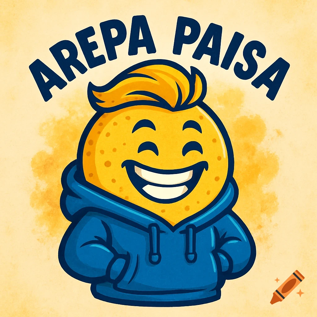 A smiling cartoon arepa wearing a blue hoodie with yellow hair and text "AREPA PAISA" above.