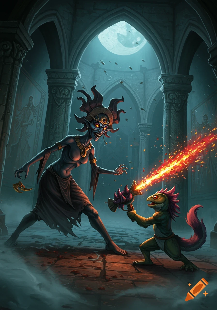 A monstrous shadow hag battles a green lizard-like creature firing fire from a weapon in a moonlit, ruined grand hall.