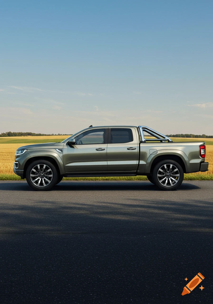 Photorealistic side view of a modern grey pickup truck on an asphalt road with a golden field and blue sky in the background.