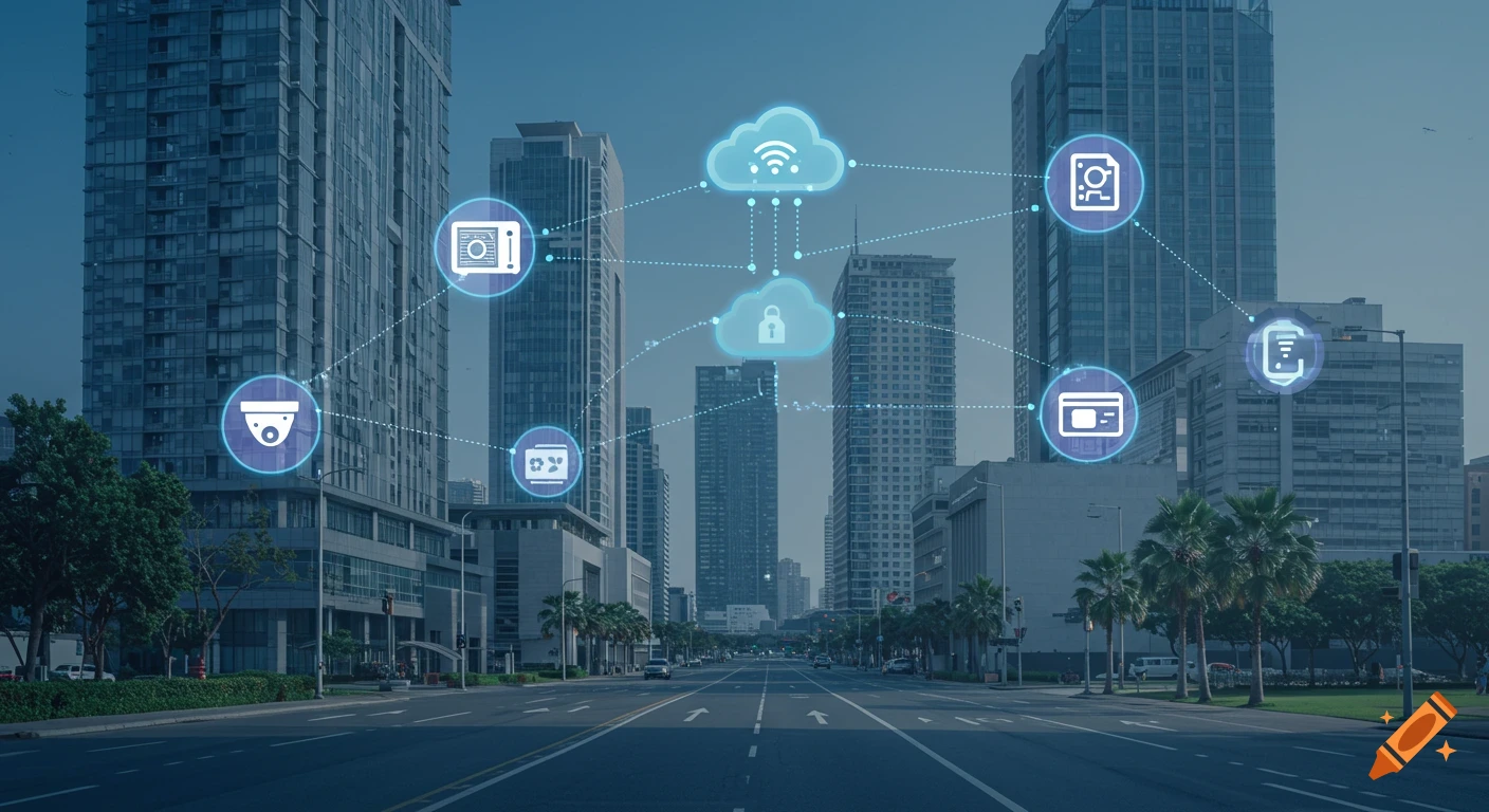 A city street with modern high-rise buildings and floating digital icons representing IoT devices connecting to cloud servers.