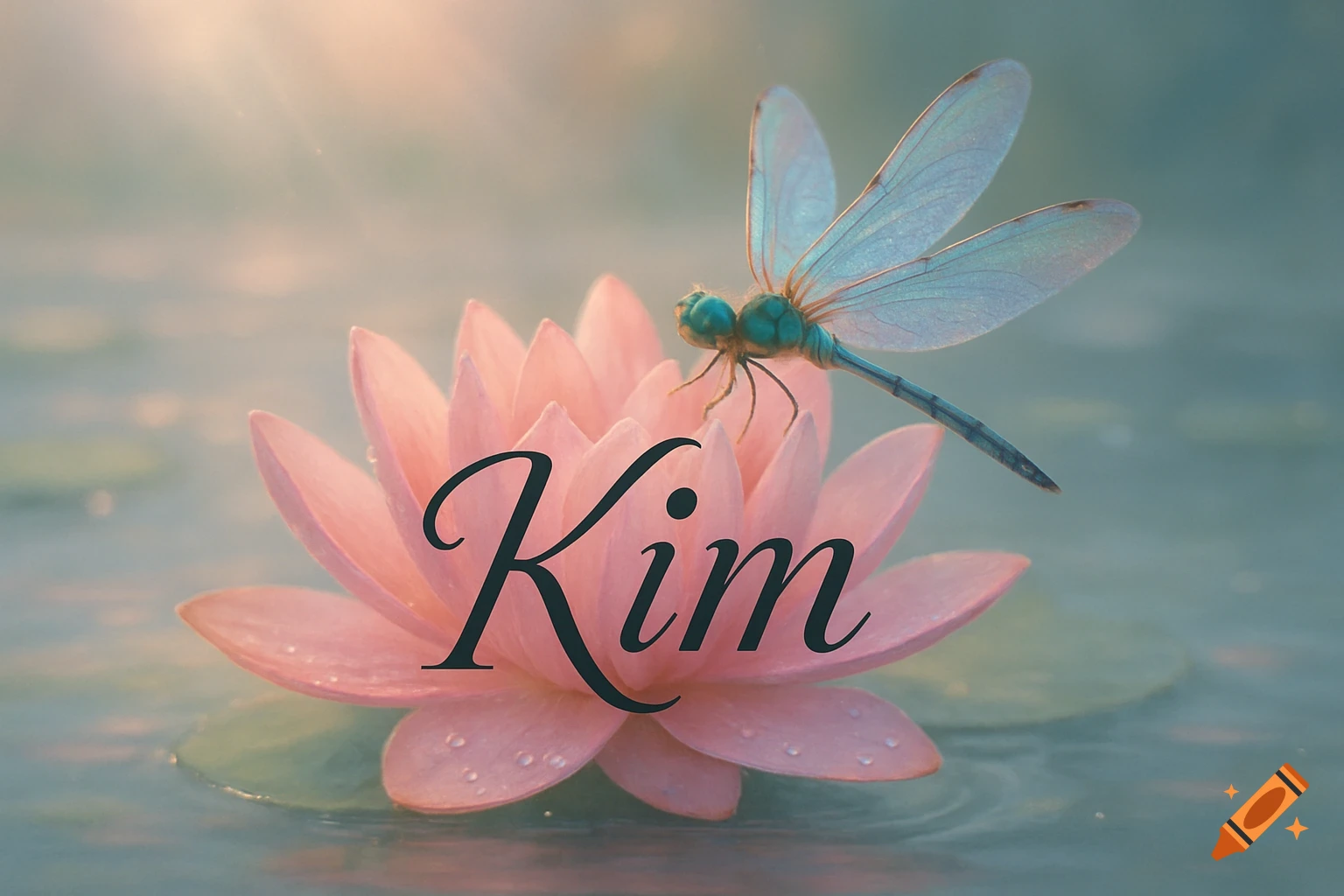 A dragonfly rests on a pink water lily with the name 'Kim' in script, on serene water.