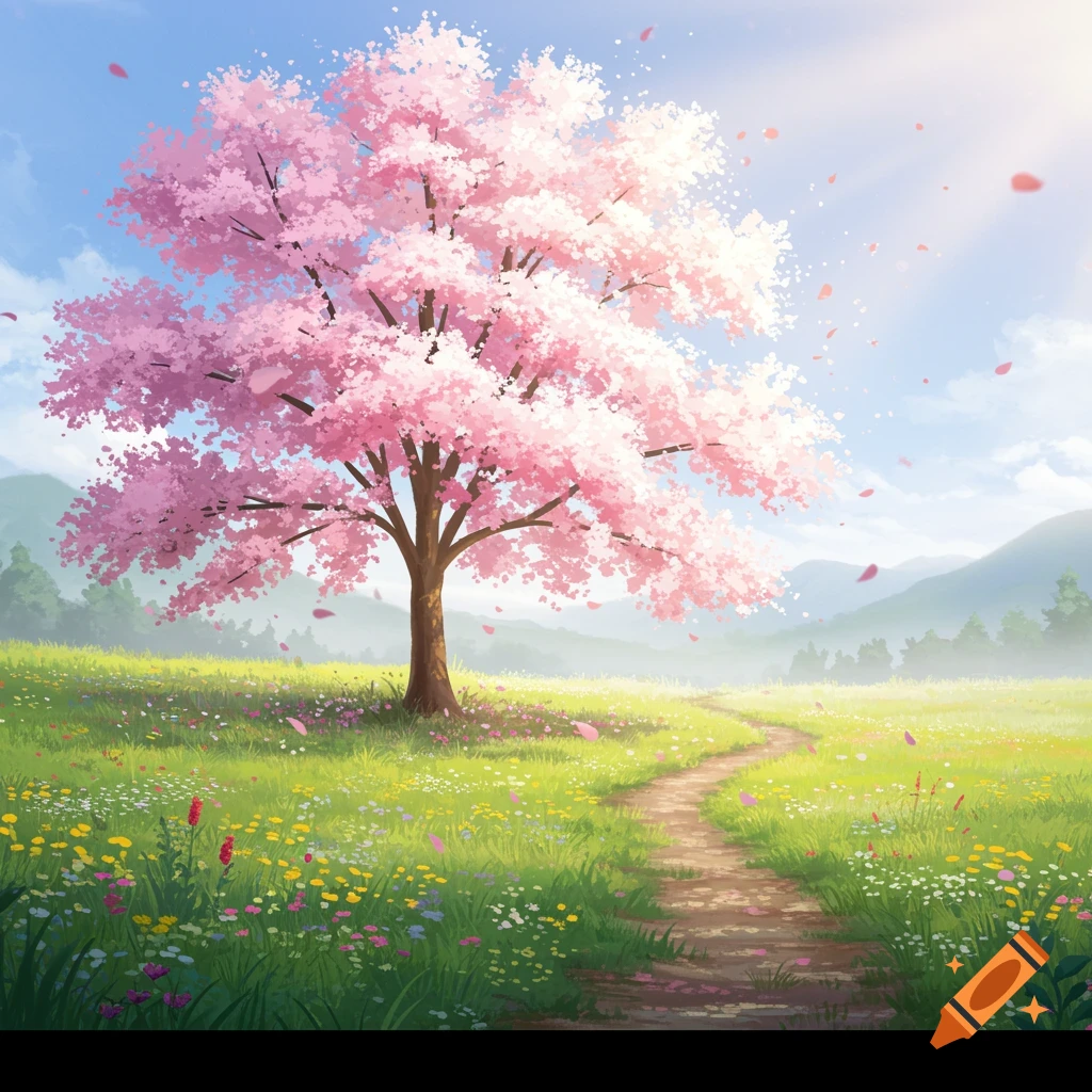 A vibrant pink cherry blossom tree stands in a green meadow with wildflowers and a winding path, under a clear blue sky with distant mountains.