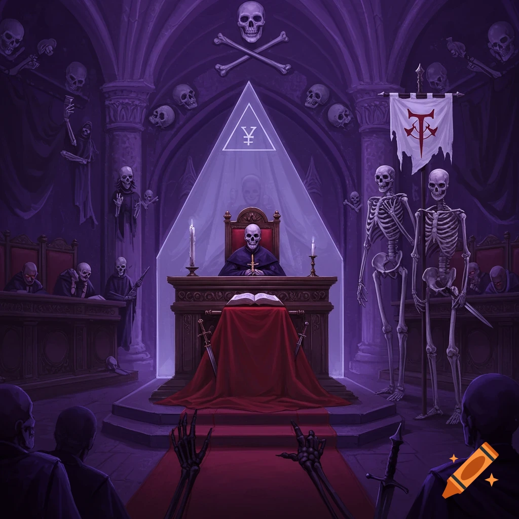 A purple-toned illustration of skeletons in a gothic hall. A skeleton figure presides at a table with an open book, under a glowing triangle. Other skeletons sit at benches, while two stand guard, one holding a banner. Skulls adorn the walls.