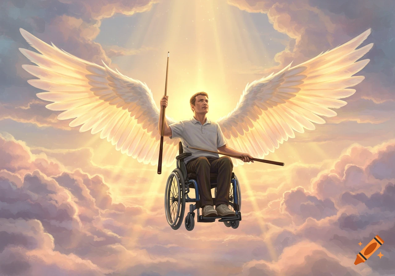 A man with large white wings, in a wheelchair, flies up through bright, fluffy clouds while holding two pool cues.