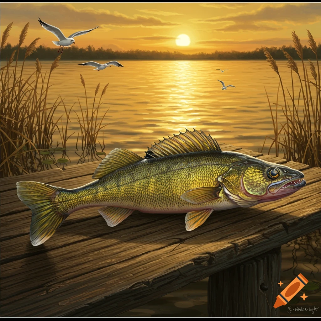 A walleye fish lies on a wooden dock at sunset, with a golden lake, reeds, and flying seagulls in the background. Digital art.