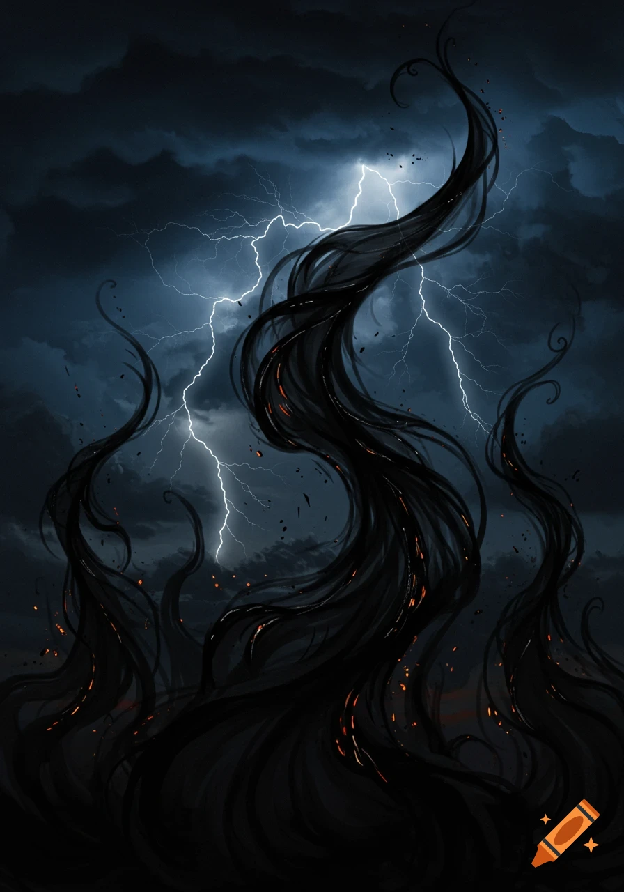 Dark, swirling, flame-like forms with orange embers under a stormy sky with lightning.