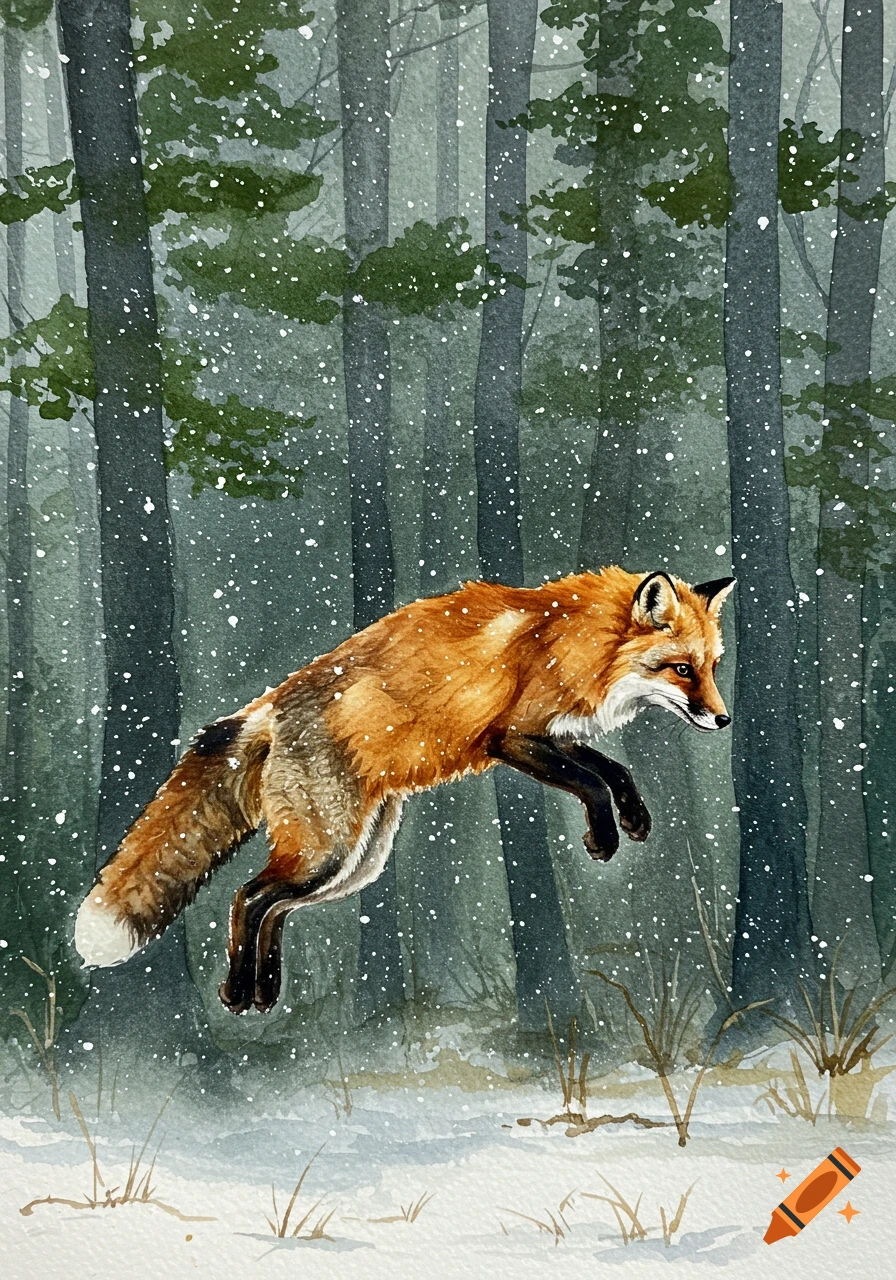 A vibrant red fox leaps through a snowy watercolor forest as snowflakes fall.