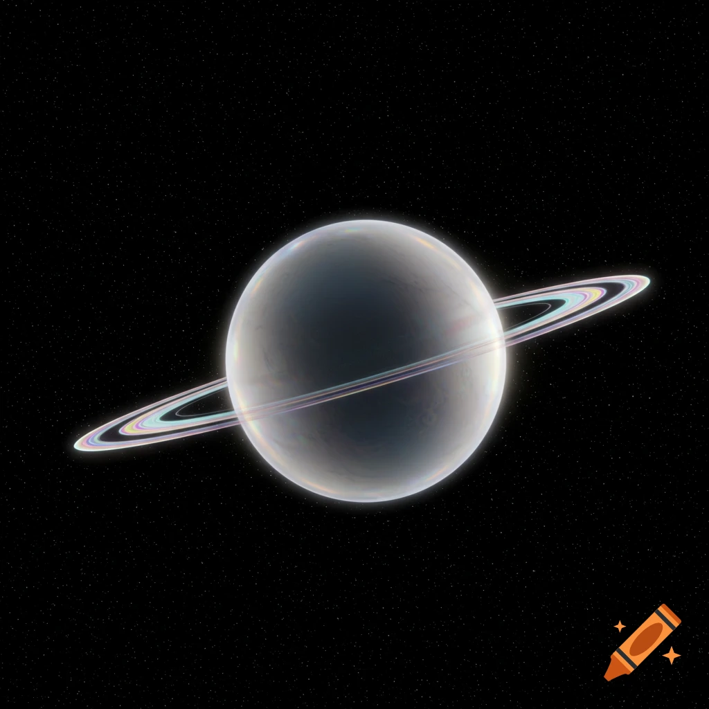 A glass-like, transparent planet with glowing rings floats in a star-filled dark space.