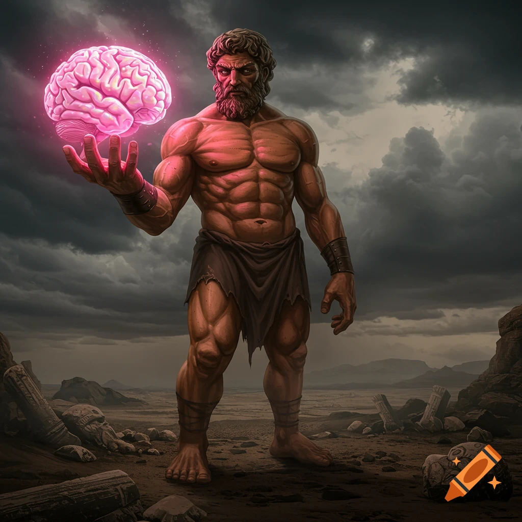 Muscular, bearded man resembling Goliath, in tattered clothing, stands in a desolate landscape with ruins, holding a glowing pink brain.