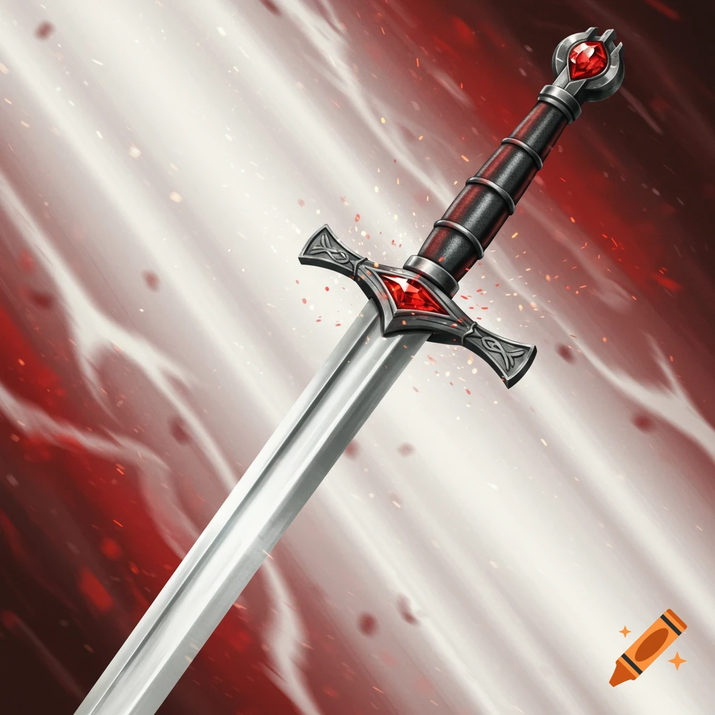 An epic fantasy long sword with a bright silver blade, pewter handle and hilt, and red rubies, set against a dynamic red and white background.