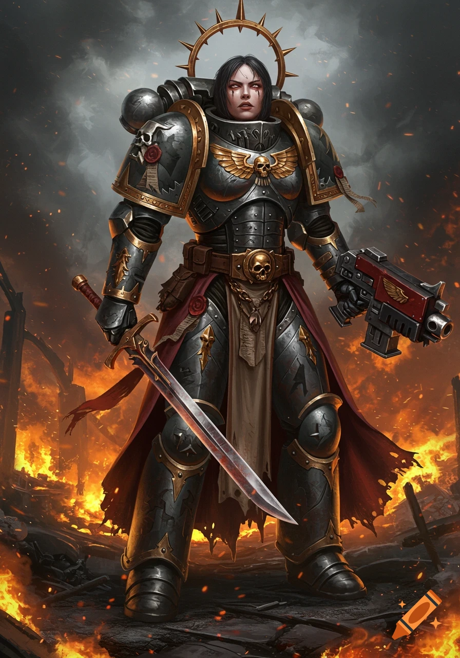 A female warrior in dark power armor with gold accents, holding a sword and gun, stands amidst a fiery, war-torn landscape.
