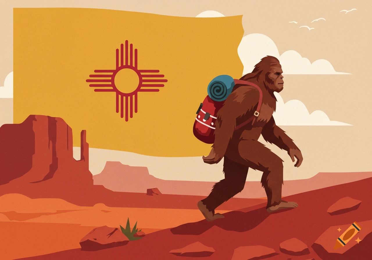 Stylized illustration of Bigfoot hiking in a desert landscape with a red backpack, set against a New Mexico flag.