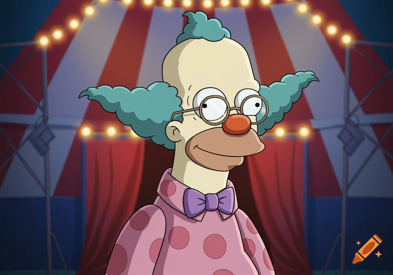 Cartoon of Krusty the Clown with short teal hair, reading glasses, pink polka-dot shirt, and purple bow tie, in front of a circus tent.