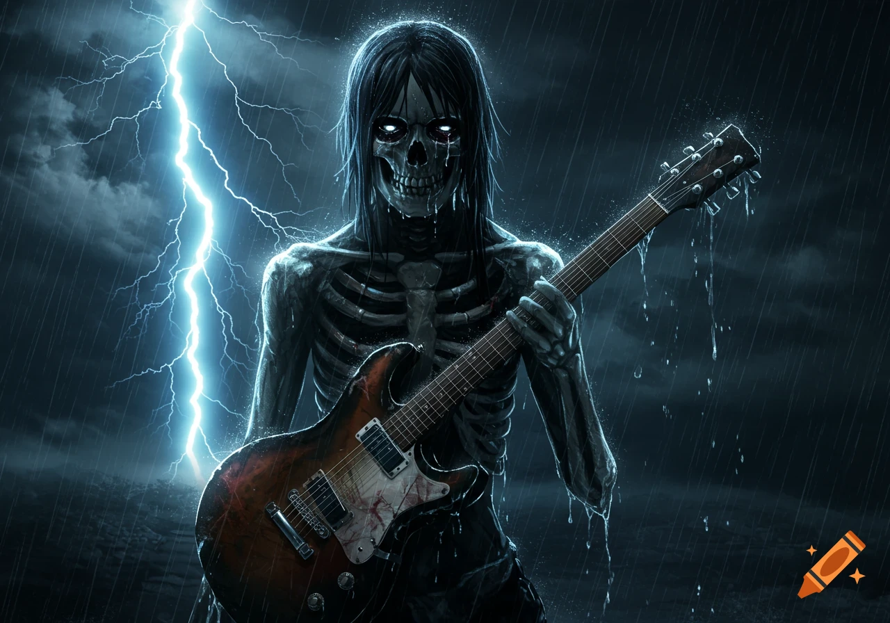 A skeletal figure with long black hair and glowing eyes plays a blood-splattered electric guitar in the rain, with a bright lightning bolt striking in the dark sky behind.