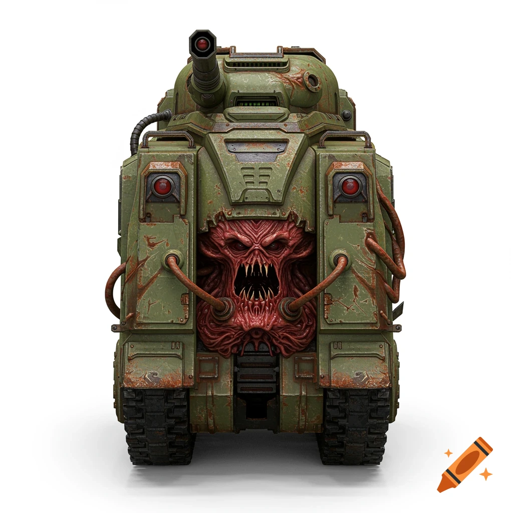 A green military tank with a menacing red demonic face integrated into its front, in a Doom-like style, on a white background.