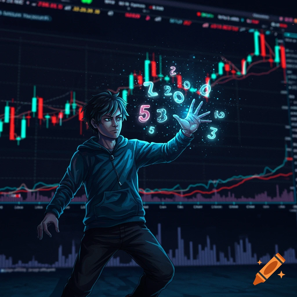 An anime-style character in a hoodie manipulates glowing numbers against a background of a financial trading chart with candlesticks.