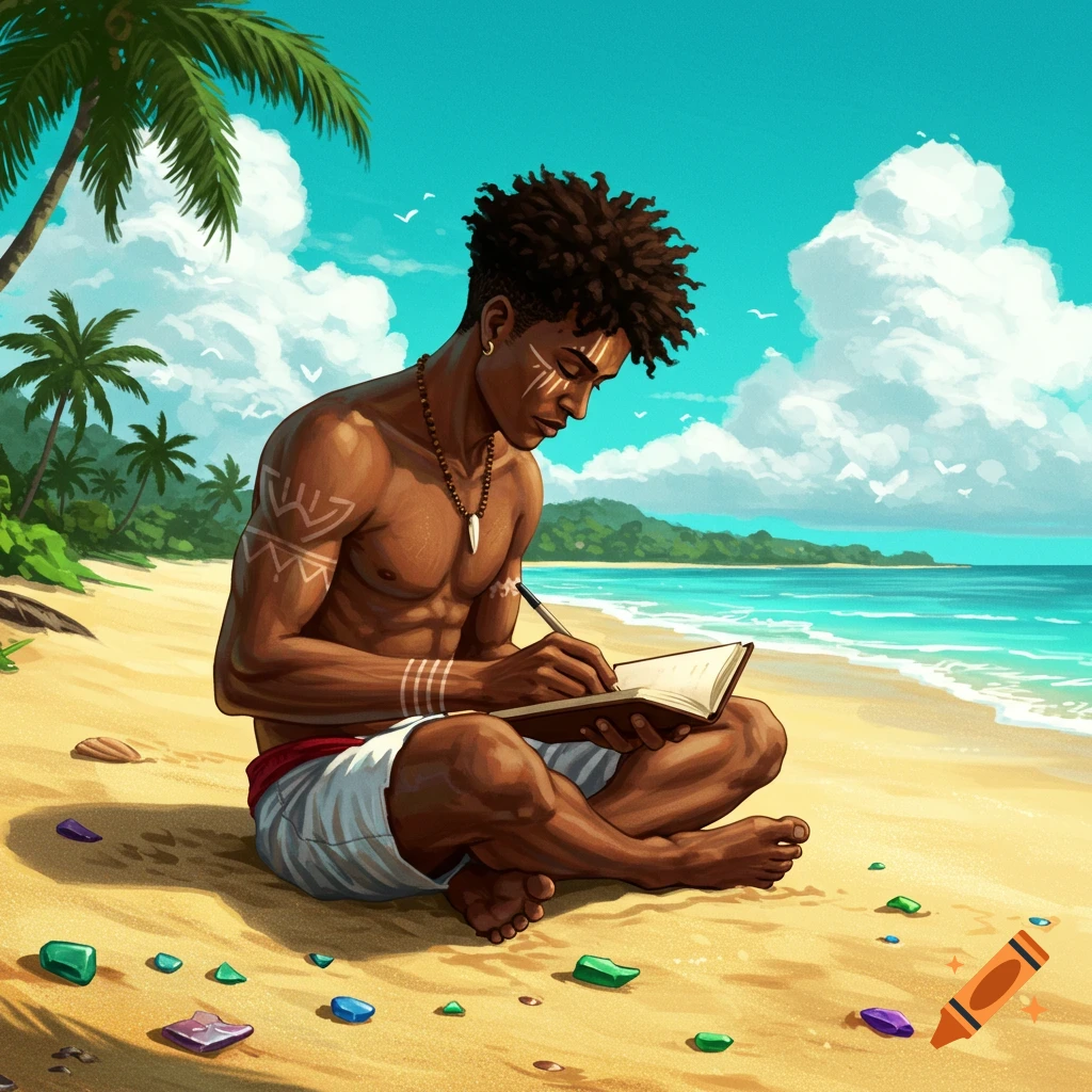 An illustration of a man with dark, curly hair and tribal face paint sitting on a sandy beach, writing in a book. Palm trees and the ocean are in the background.