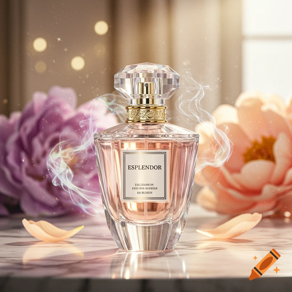 Luxurious crystal perfume bottle labeled "ESPLENDOR" with pink liquid, surrounded by soft pink and purple flowers and sparkling light.