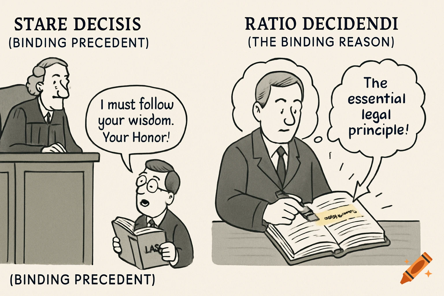 Cartoon illustrating legal concepts. Left shows a small judge following a large judge's wisdom. Right shows a man highlighting text in a book, thinking "The essential legal principle!"