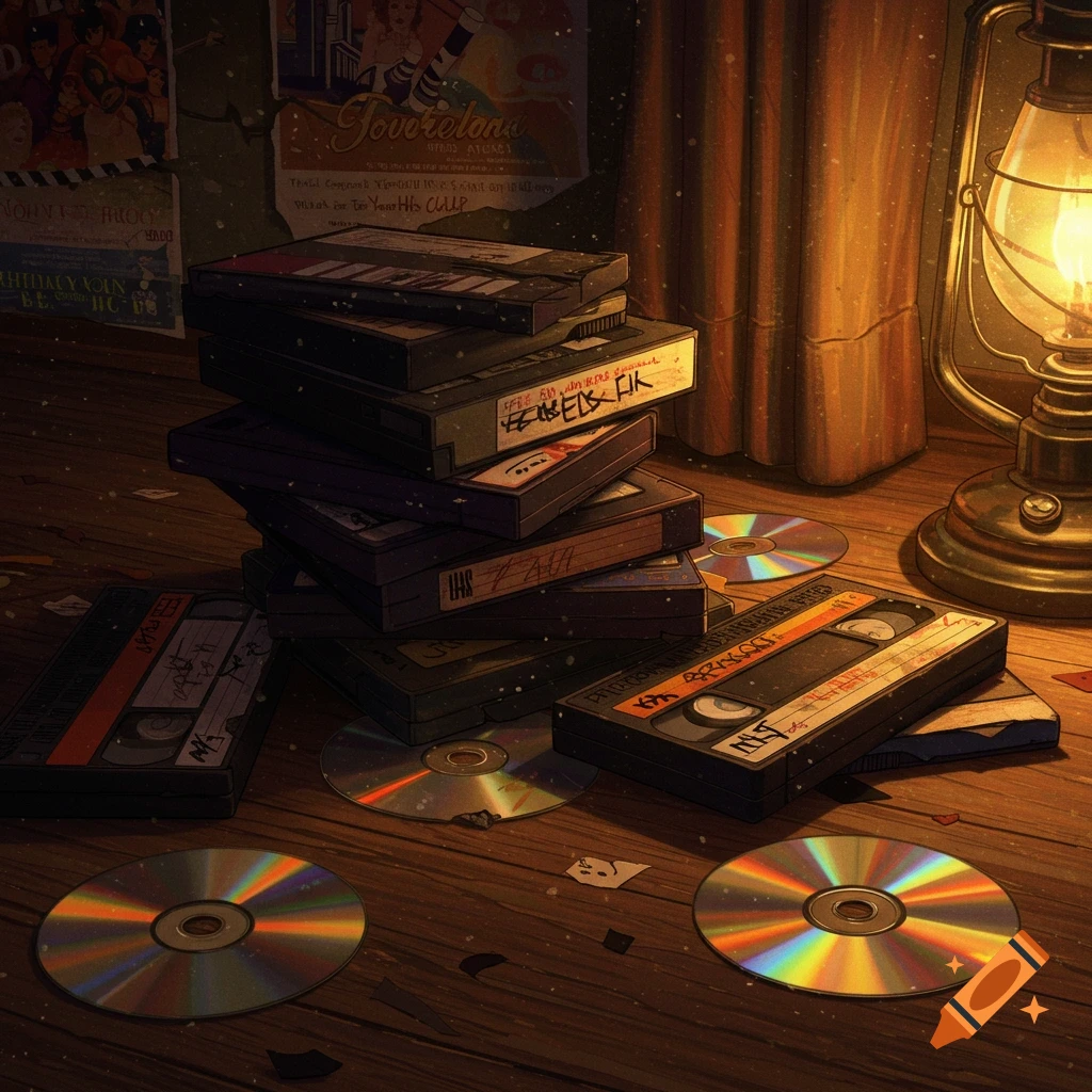 A cluttered pile of VHS tapes and CDs on a wooden table next to a glowing lantern, with posters on the wall in the background.
