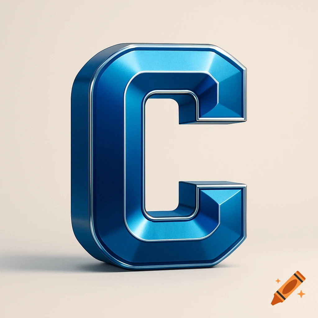 A large, shiny, metallic blue three-dimensional letter C stands upright against a light, plain background.