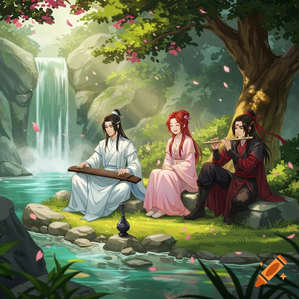 Anime illustration of three figures playing a guqin and flute by a waterfall in a lush forest with pink petals.