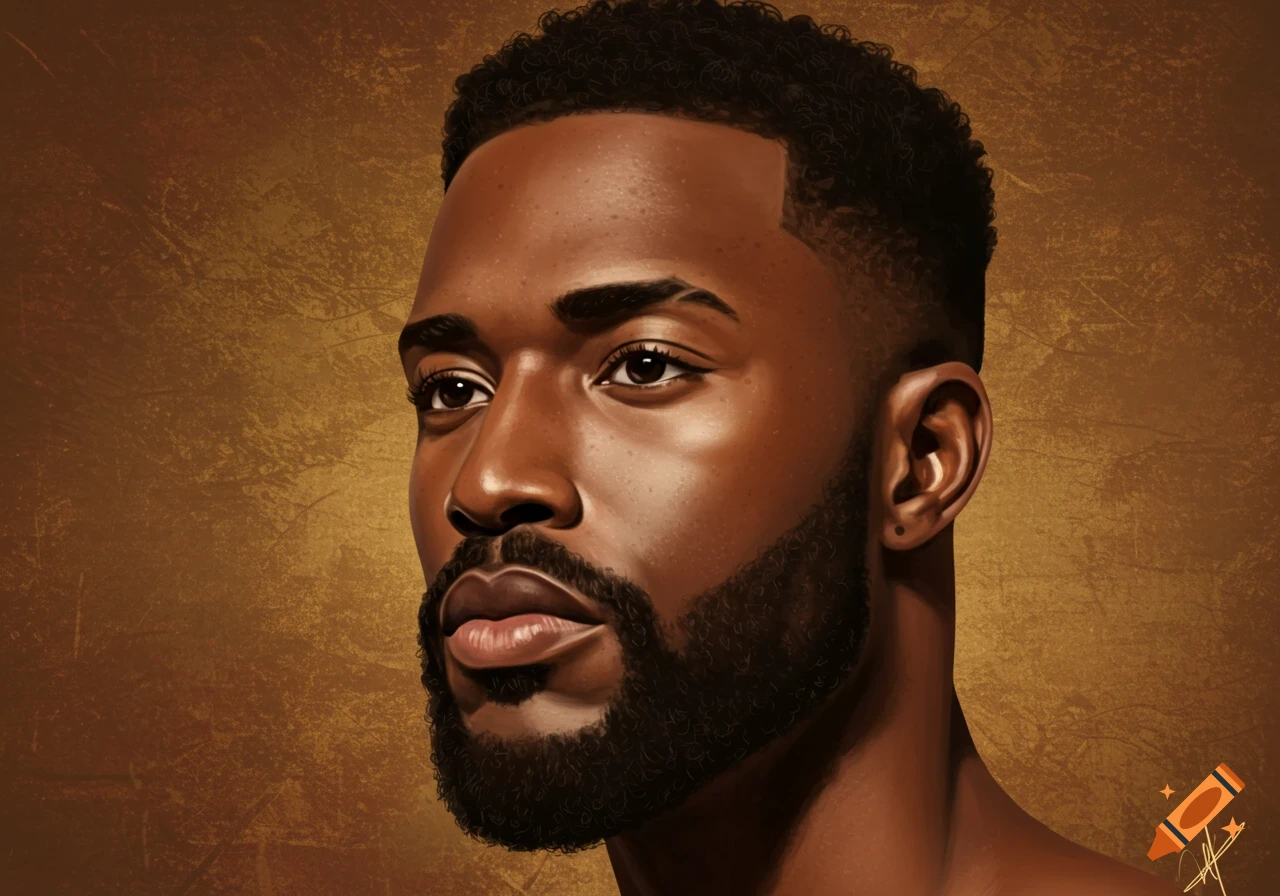A close-up digital painting portrait of a man with dark skin, a neat beard, and short curly hair, looking to the left.