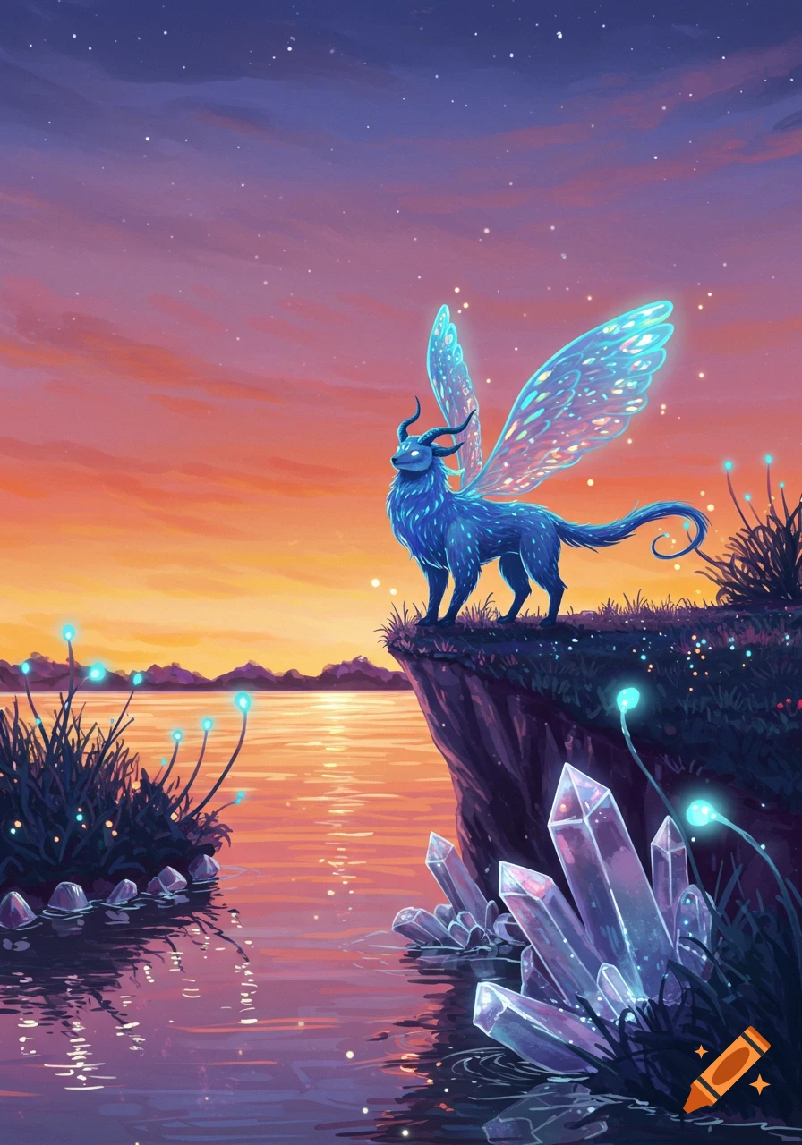 A blue winged fantasy creature with horns stands on a cliff overlooking a lake at sunset, with glowing crystals and plants.