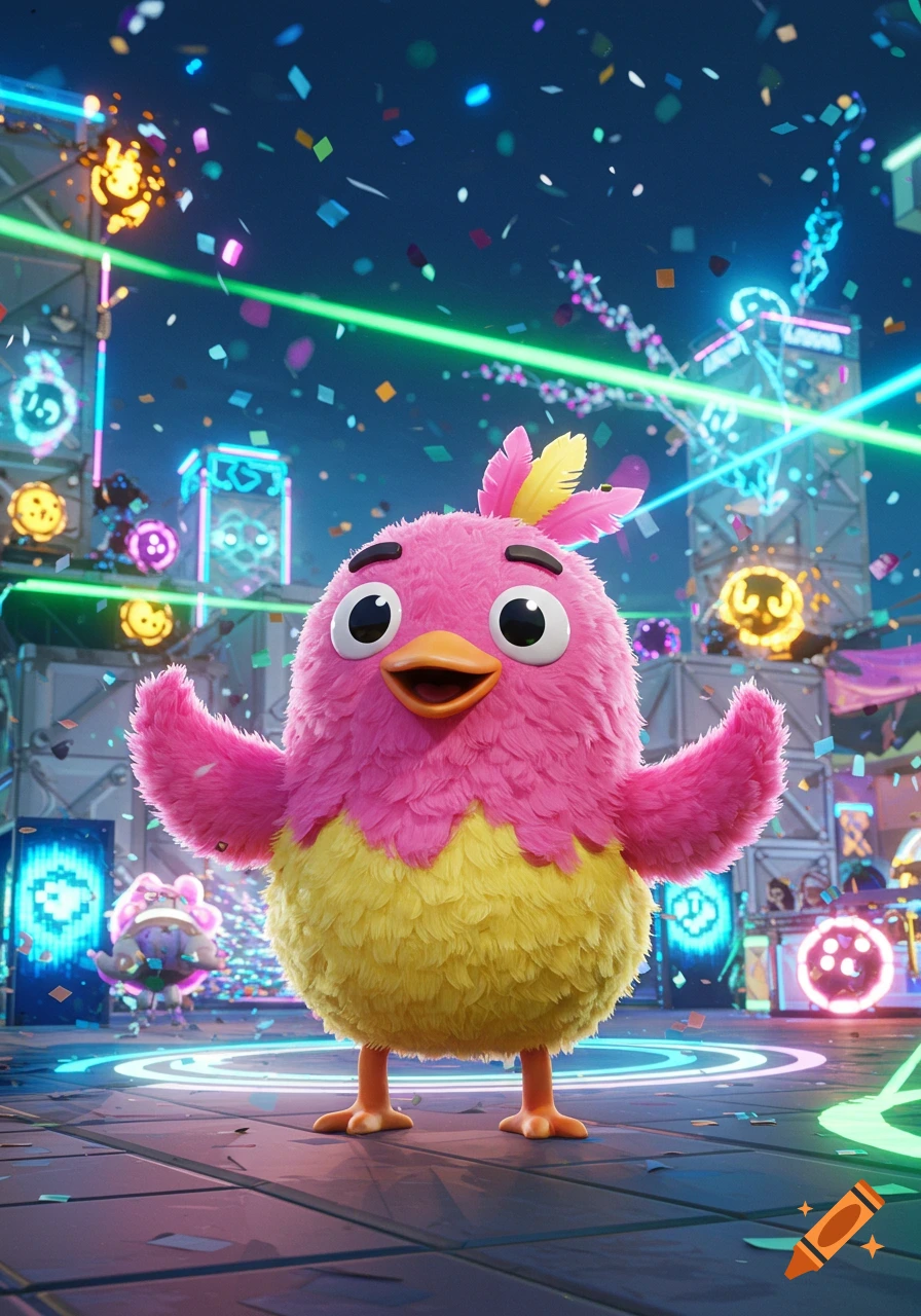 A fluffy pink and yellow cartoon bird-like creature with a yellow feather stands in a vibrant, neon-lit party environment with confetti falling.