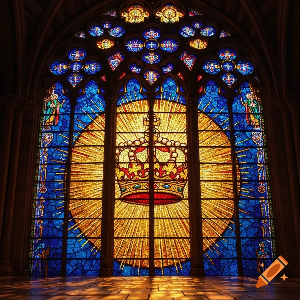 A vibrant stained glass church window depicting a large golden crown radiating light, surrounded by blue glass with figures.
