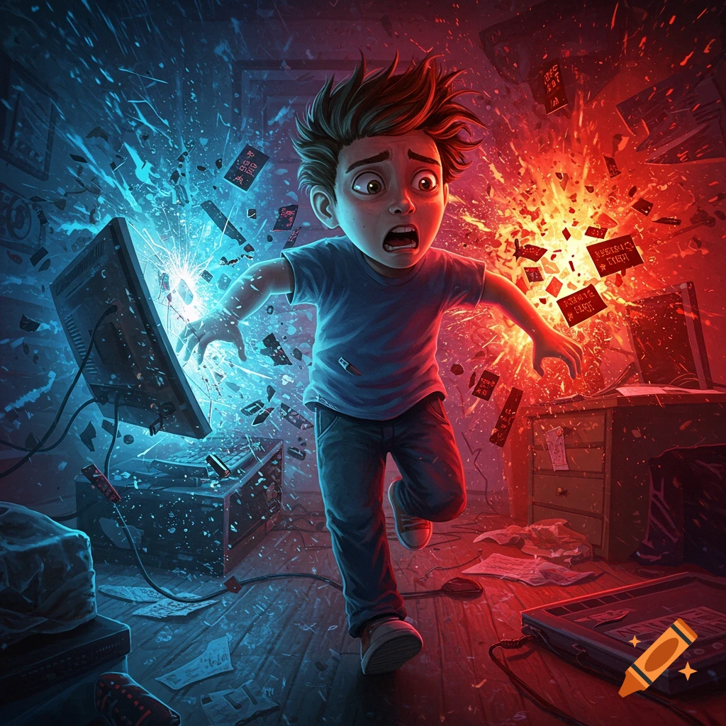 A cartoon boy with wide eyes and a shocked expression screams as a computer screen shatters with blue energy and red explosions in a stylized room.
