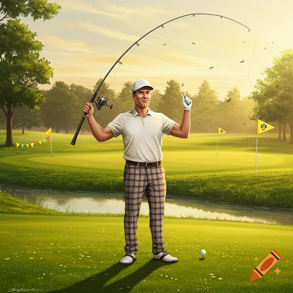 A man in a golf shirt and plaid pants stands on a sunny golf course holding a fishing rod, giving a thumbs up.
