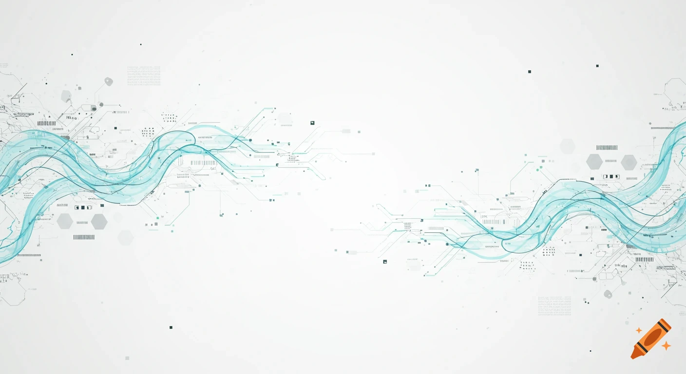 An abstract background with flowing blue waves and intricate circuit board-like patterns on a white canvas.