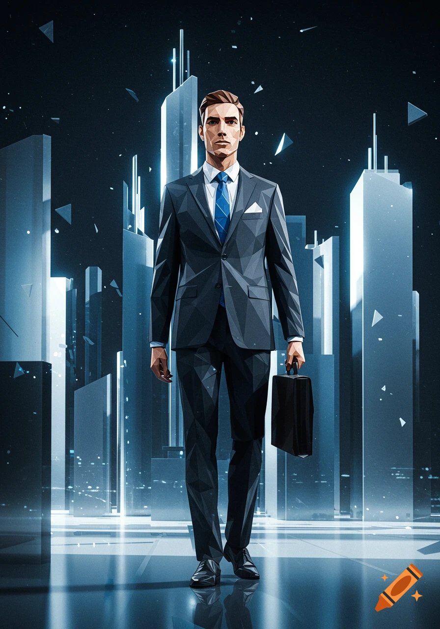 A low poly style illustration of a businessman in a suit holding a briefcase, standing in a futuristic city.