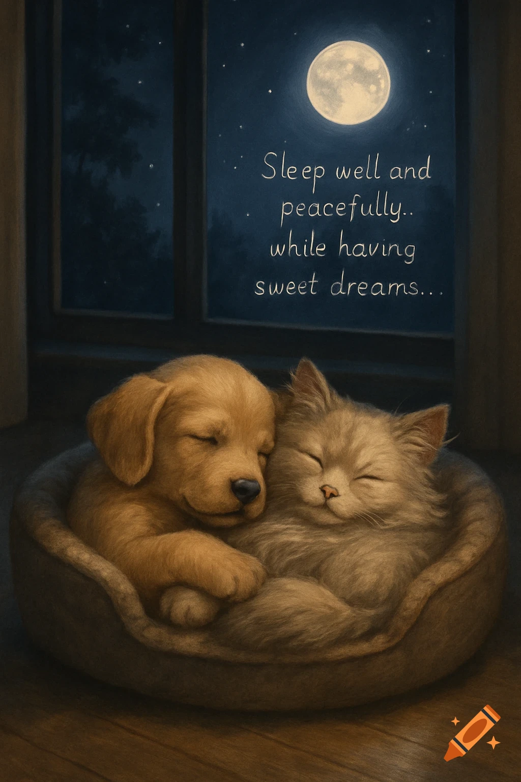 A golden puppy and a fluffy cat sleep curled up together in a pet bed near a window, with a full moon and stars visible outside.