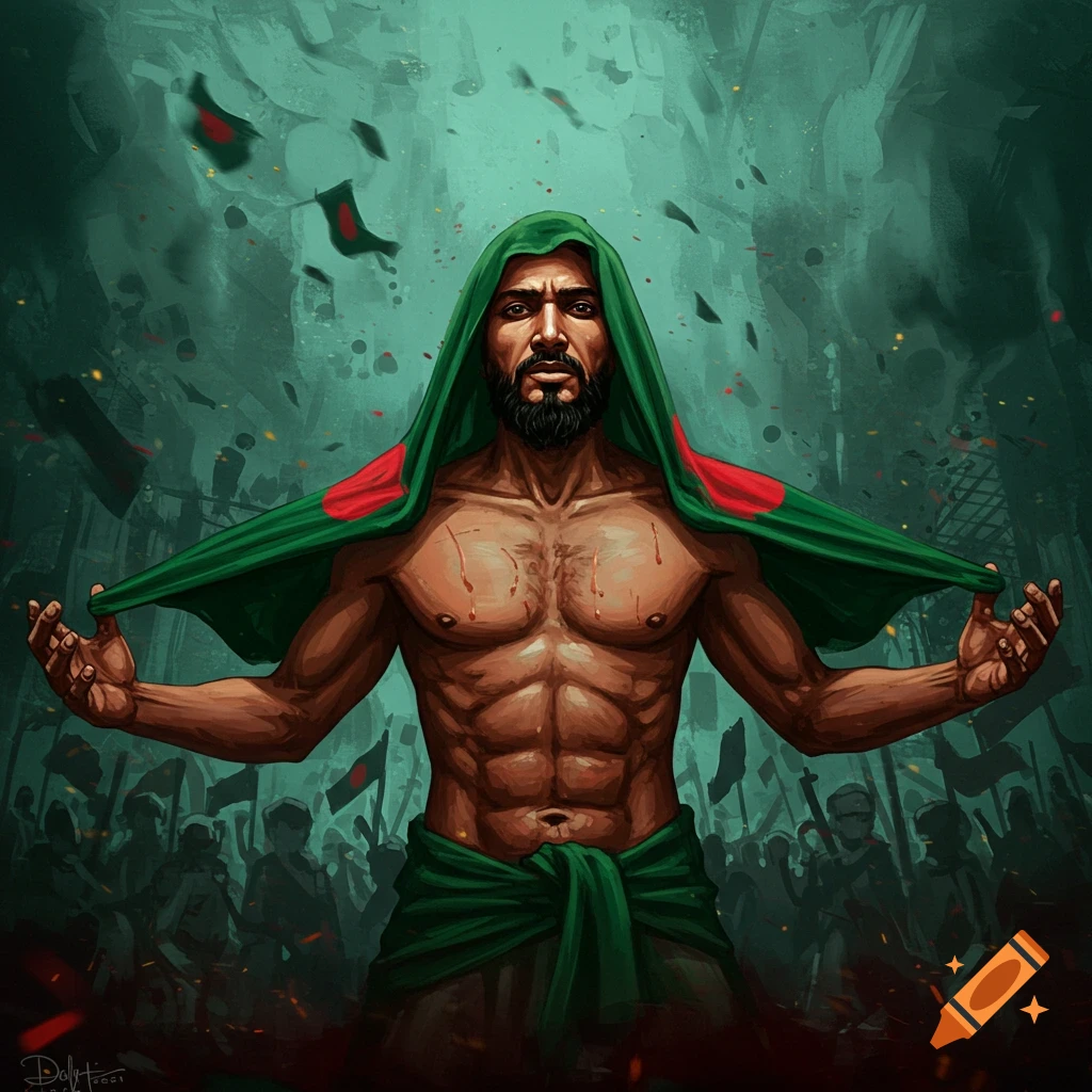 Stylized illustration of a bearded, shirtless man wearing a Bangladesh flag as a hood, standing heroically against a dark, stormy background with blurred figures.