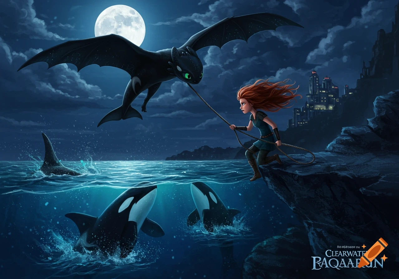 A red-haired girl on a cliff holds a rope attached to a black dragon flying over the ocean at night, with orcas swimming below and a city in the distance.