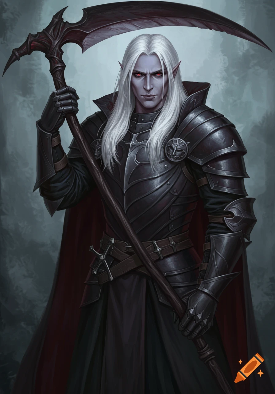 A handsome, pale-skinned dhampir with long white hair, red eyes, and pointed ears, wearing dark ornate armor and a red-lined cape, holds a large black scythe. Fantasy art.
