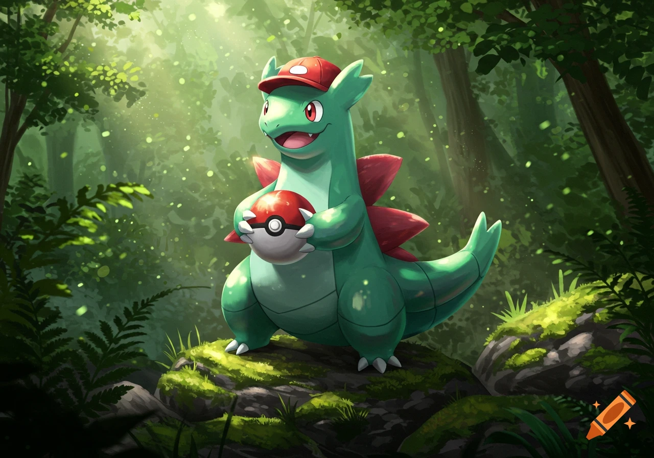 A green, dinosaur-like Pok especies with a red hat and red spikes on its back stands on a mossy rock in a sunlit forest, holding a Premier Ball.