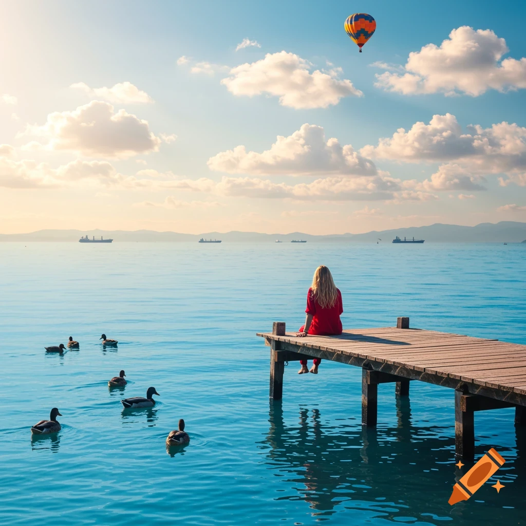 A person in red sits on a wooden dock over blue water with ducks, distant boats, and a hot air balloon under a sunny sky.
