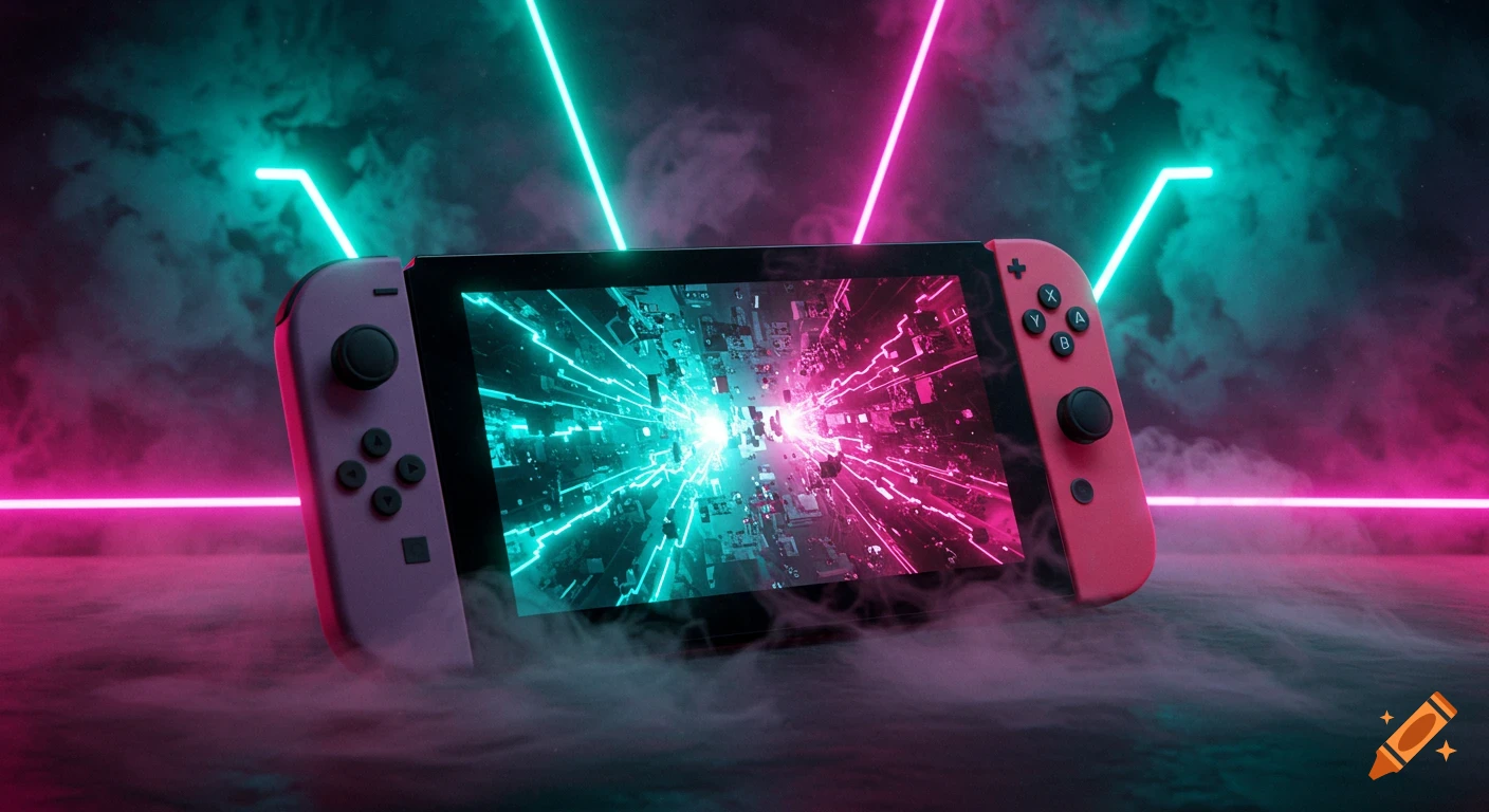 A Nintendo Switch-like console with purple and red joy-cons floats amidst neon lights and smoke, displaying a digital tunnel on its screen.