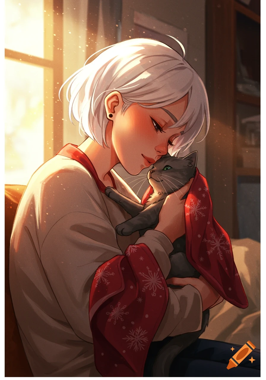 An anime-style image of a woman with white short hair cuddling a grey cat wrapped in a red snowflake-patterned blanket, bathed in warm light.