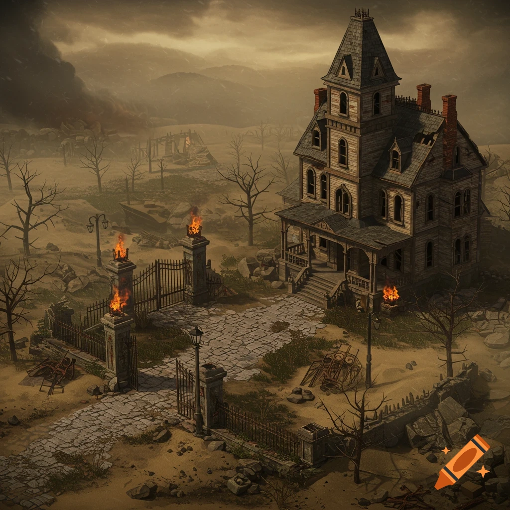 A desolate wasteland with a crumbling stone gate and an ominous, dilapidated Victorian mansion under a dark, cloudy sky.