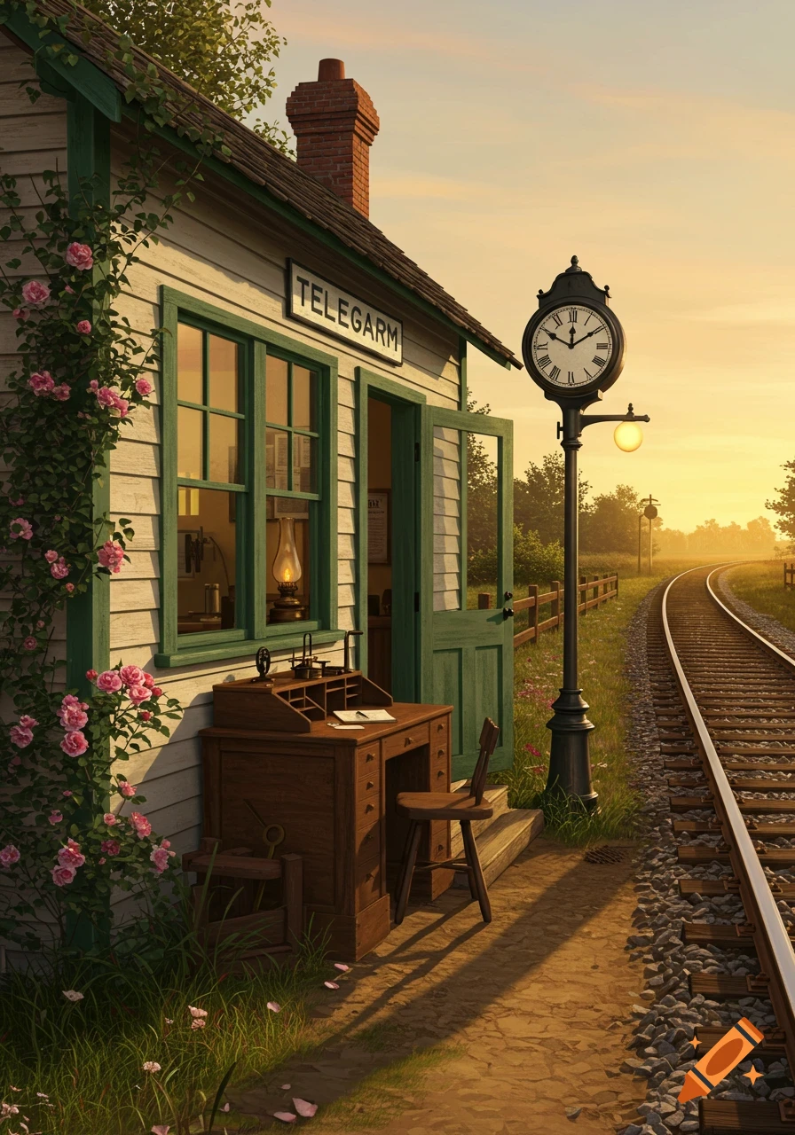 A quaint 1950s era railroad telegraph office with a desk and telegraph equipment, surrounded by roses, at sunrise or sunset by the tracks.