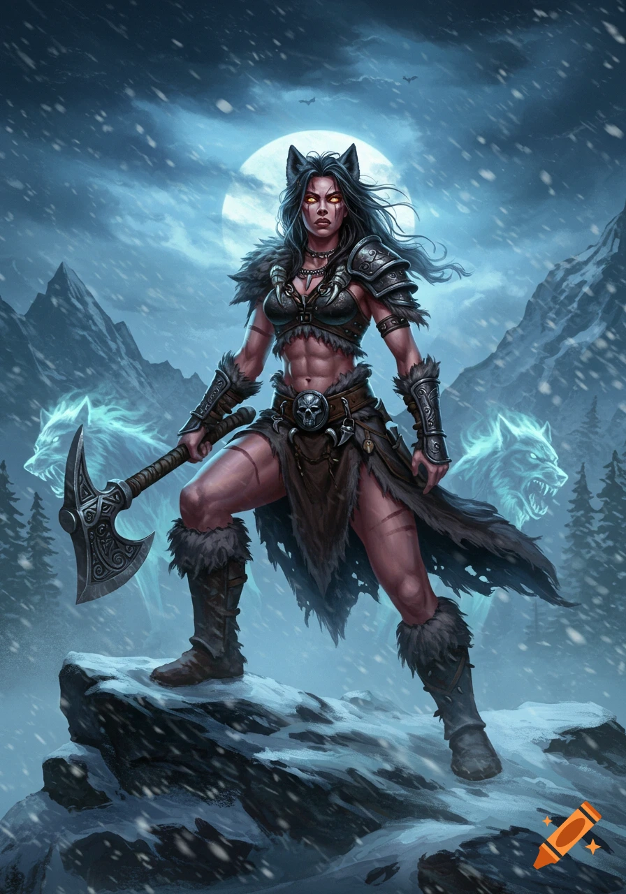 Female barbarian with wolf ears, glowing eyes, and an axe, standing on a snowy mountain with ghostly wolves and a full moon.