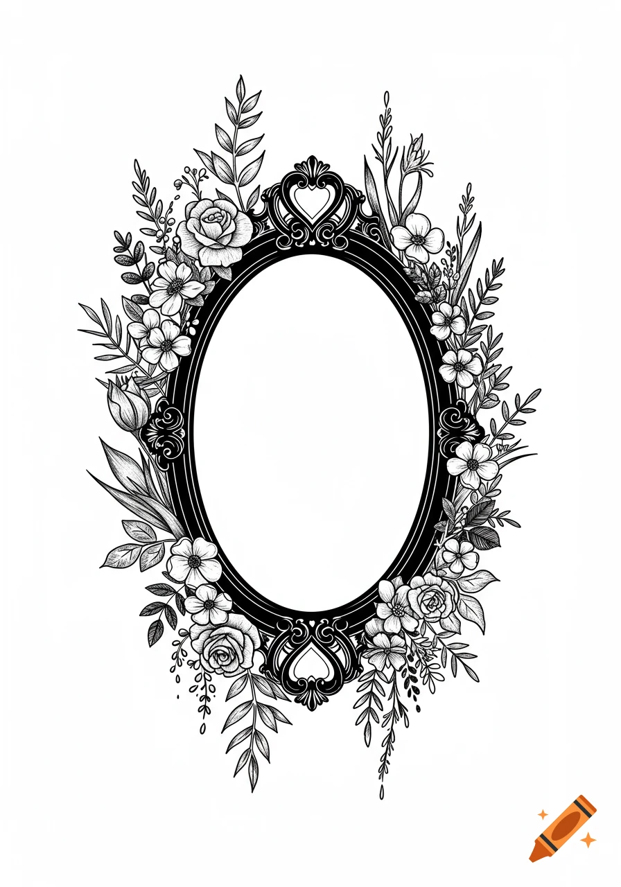 Black and white illustration of an ornate oval gothic frame surrounded by roses, tulips, and various wildflowers and leaves.