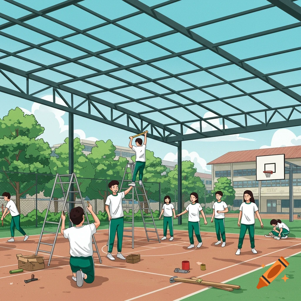 Cartoon illustration of students building a roof over an outdoor basketball court.